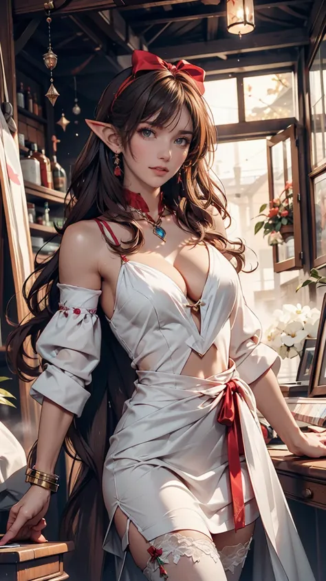 Female Elf Waist Shot,  complicated, Narrow Face,  elegant ,  holding a large bow with an arrow, white dress with straps ,  looks at the ,  very detailed with crimson hair,  Digital Paint,  Art Station ,  Concept Art , smooth,  sharp concentration,  illust...