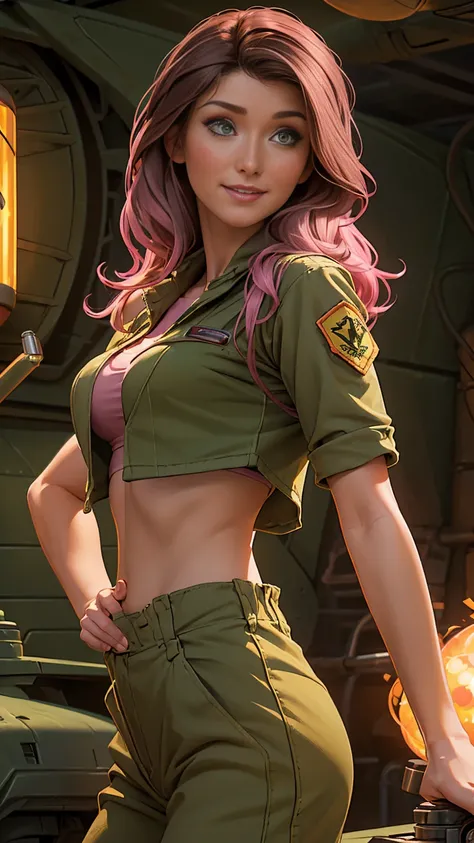 ((1girl)), ((Jewel Staite as Kaylee from Firefly)), ((undone olive green coveralls)), ((short pink crop top)), ((long brunette hair)), perfect breasts, sexy pose, smile, spaceship engine