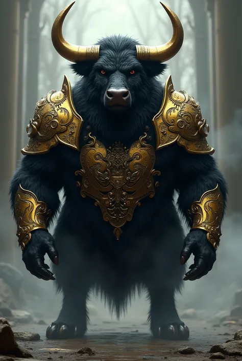 Black Furry Bull in armor with golden horns