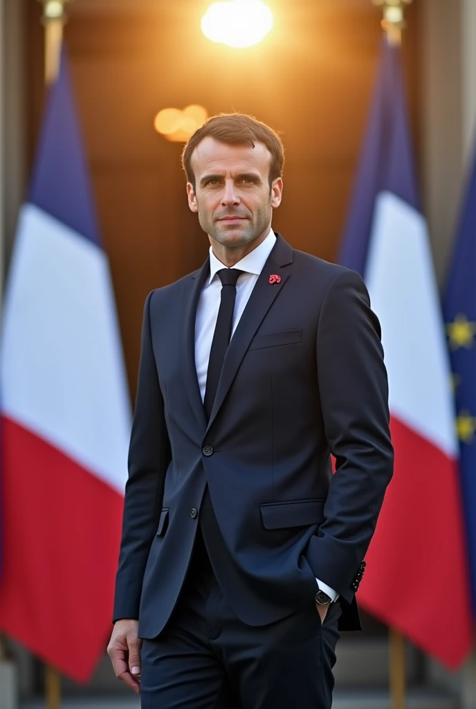 President Emmanuel Macron. The president stands in front of the Elysée Palace with the French flag in the background .  His decisive gestures and the surrounding rays of light symbolize his leadership.