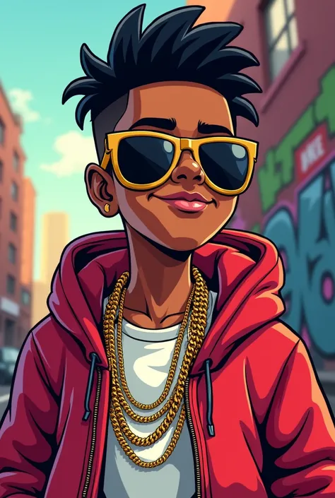 A cartoon hiphop boy wearing a sunglass with too much chain & he has with attitude