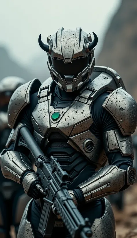  Soldiers in power armor ,  the armor is covered with scratches ,  as well as made of extremely durable material in the form of nano particles , quantum particles , , the metal of the armor power frame consists of chrome-plated titanium ,  helmet shaped li...