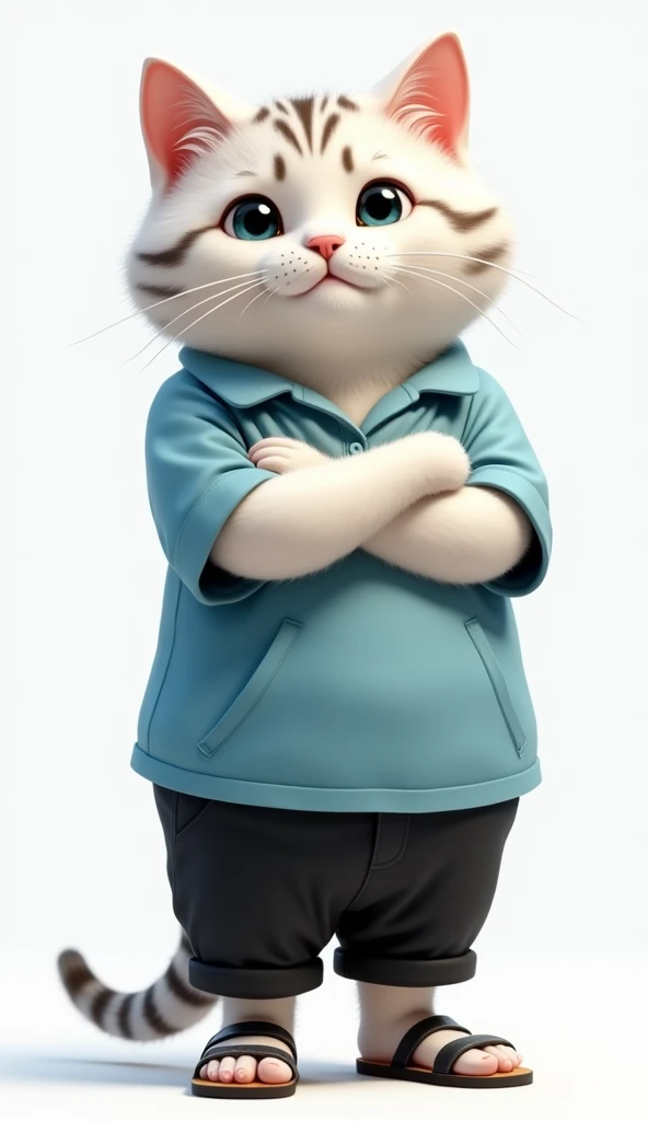 Photorealistic, white striped cute cute cat. wearing a plain sky blue shirt, black trousers. wearing sandals. spoke and crossed his arms in front of his chest. without background