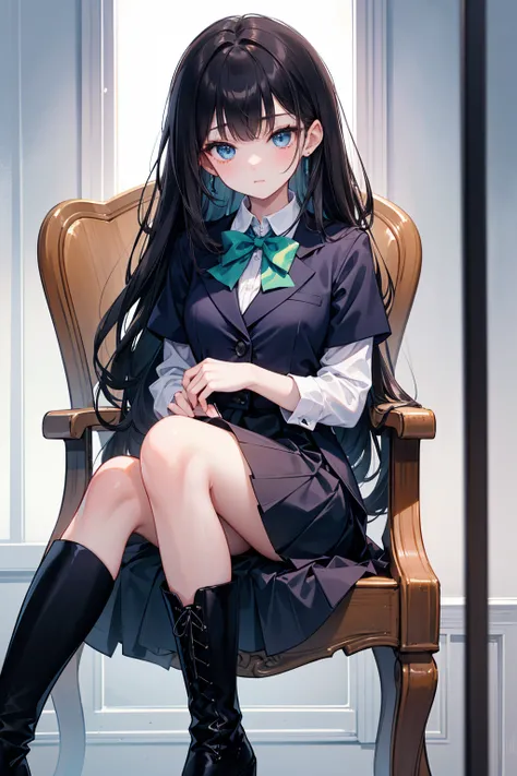  high school students  ， Has long, dark hair ， with warm blue eyes  ，  wears a fresh blue suit  ， Black skirt and black boots ， pure white collar and bright green bow 。  has long dark hair and warm blue eyes  ，  sit in a chair