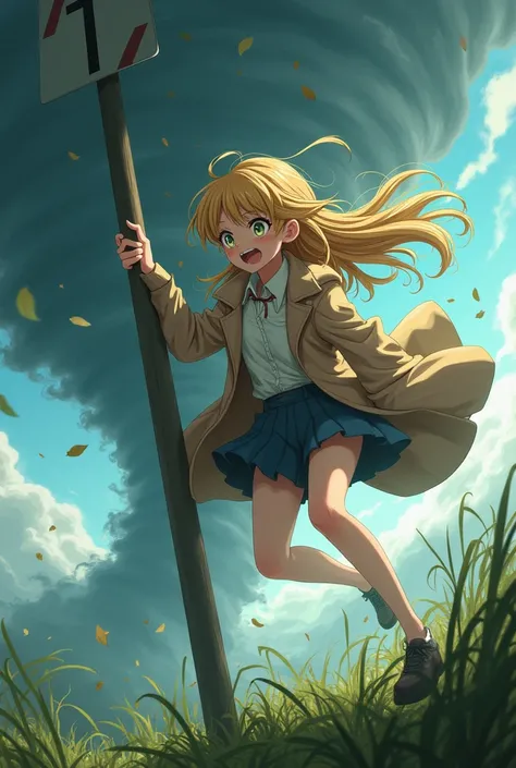 scared anime girl struggling in aggressive tornado storm struggling in harsh winds hanging onto a pole, body being lifted up by wind, long blonde hair flowing behind her, with an extra long jacket and blouse, leaves and grass blowing all around with wind e...