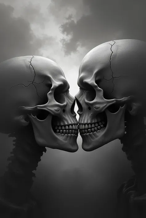 Two skulls kissing in black and white with dark cloudy background 
