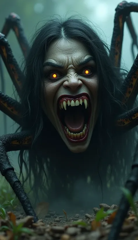 In a terrifying transformation, the spider morphs into a witch with long, tangled hair, a crooked smile, and glowing eyes, cackling menacingly." The character is approximately five to ten meters away. 