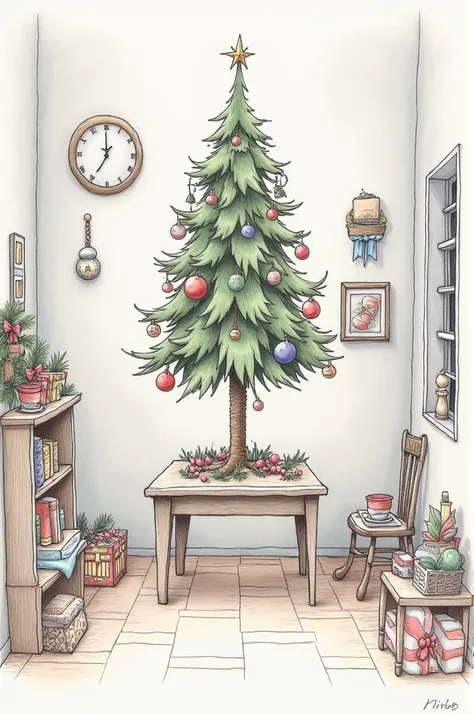 Draw an image of a room Where there will be a christmas tree. The room should be decorated. It should be drawn with a pencil. Color it in extremely normally. Make it look like Its kept above a table. The image should have a signature nirob which should be ...