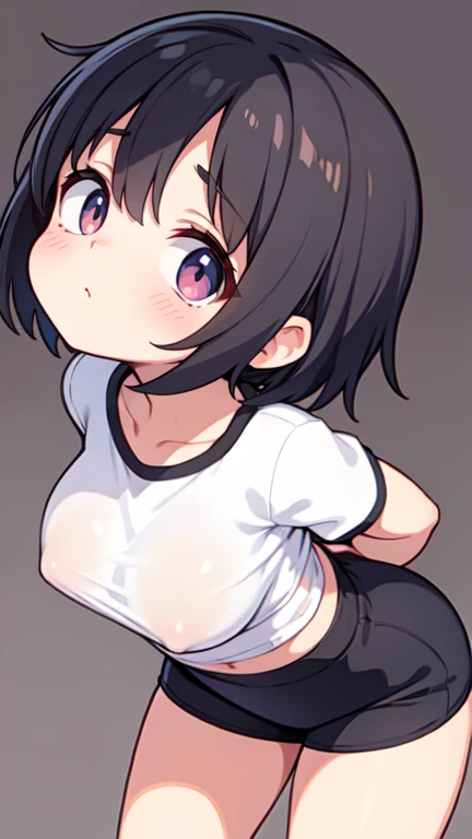 Loli, tight shirt, big boobs, arching back, arms behind back, hands together behind back, pressing chest forward, overhead camera angle, looking up at viewer, open cut shirt 