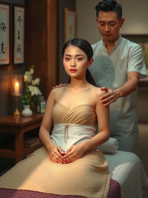 a Taiwanese woman is receiving a massage from a man in a massage room