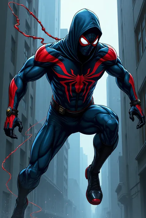 Create for me a comic drawing of a superhero with the abilities of a ninja and the superpowers of a spider in a dark blue costume, red and black