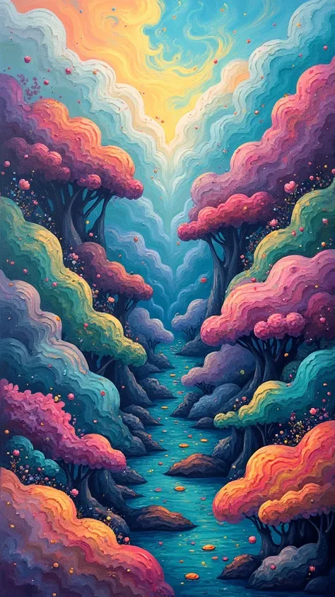 Abstract painting; vibrant, dreamlike landscape; swirling, textured forms; mix of pastel and light, bold colors;  pale pinks, yellows, blues, greens, and purples;  fluid, almost organic shapes;  reminiscent of clouds, or a fantastical underwater scene;  sm...