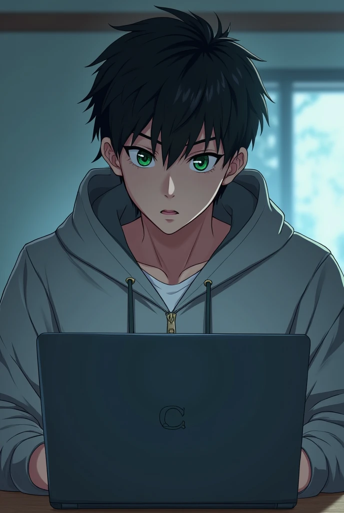 Pol: man, about 19 years . 
	• Hair: black,  crop haircut , Short on the sides,  slightly longer on top ,  arranged neatly ,  with a rude look .
	• Eyes: Dark Green-Brown , with a harsh ,  with a determined look .  In the eyes, sparks ,  Like in the anime ...