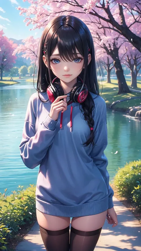  1 girl wearing a long-sleeved sweater to cover her uniform  .  she also wears black tights and wears headphones around her neck. In most cases,  she has bangs partially covering her eyes , small breasts,  blue eyes, Black hair with red lines of hair ,  by...