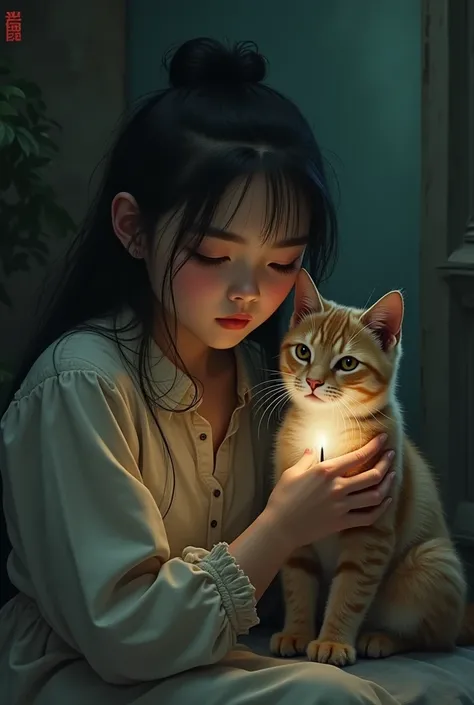 A beautiful girl animates in a 17-year-old cat in a dark background and in hot mode