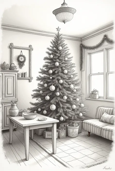 Draw an image of a room Where there will be a christmas tree. The room should be decorated. It should be drawn with a pencil. Color it in extremely normally. Make it look like Its kept above a table. The image should have a signature nirob which should be ...