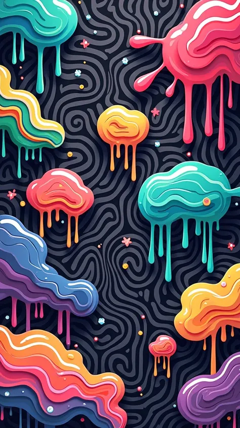 Abstract pattern of dripping, rainbow-colored blobs.  The blobs are layered over a backdrop of black and white wavy lines.  Vibrant, bold colors create a dynamic and visually exciting composition.  The colors are predominantly bright, including shades of p...