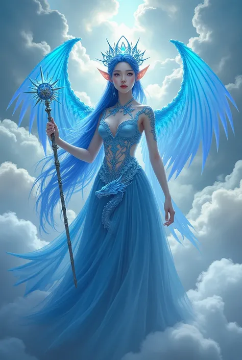 The enchanted Korean elf queen stands on a mystical cloud, her bright blue eyes shine softly in the bright light, face looking towards the camera. She wore an intricate dress made of woven cloud vines decorated with dragon tattoos on her chest glowing blue...