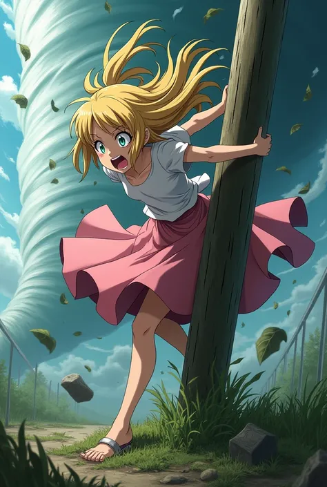 scared anime girl struggling in aggressive tornado storm struggling in harsh winds hanging onto a pole, body being lifted up by wind, long blonde hair flowing behind her, with a long pink extra large skirt and blouse, leaves and grass blowing all around wi...