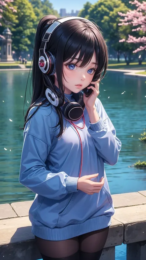  1 girl wearing a long-sleeved sweater to cover her uniform  .  she also wears black tights and wears headphones around her neck. In most cases,  she has bangs partially covering her eyes , small breasts,  blue eyes, Black hair with red lines of hair ,  by...