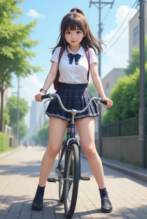 Masterpiece, 8k, Photorealistic, Wallpaper, top-quality, Beautiful Japanese High school girl, Photorealistic, (Plump breast:1.3), Dynamic angle, 
school uniform, Check pattern pleated skirt, Dark blue socks, Lofer, Straddling a bicycle, Open legs spread ap...