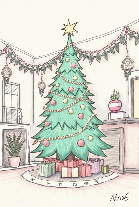 Draw an image of a room Where there will be a christmas tree. The room should be decorated. It should be drawn with a pencil. Color it in extremely normally. Make it look like Its kept above a table. The image should have a signature nirob which should be ...