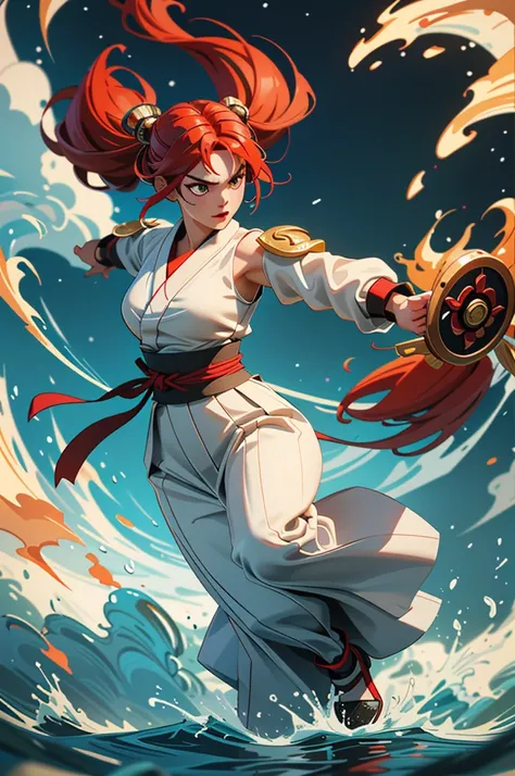 "Depict Ame-no-Uzume, the goddess of revelry and entertainment from Japanese mythology, as a fierce and agile martial artist. Her stance is one of readiness and confidence, poised in a dynamic fighting pose, exuding both grace and power. Her expression is ...