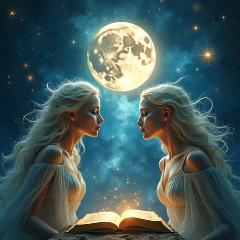 Two beautiful twin goddesses face each other. A radiant Gemini full moon, split into two distinct personalities, hangs amidst a backdrop of swirling stars and shimmering constellations in a dreamlike cosmic expanse, emitting a mystical aura. The moonlight ...