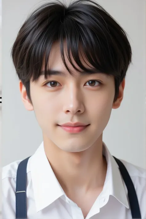  handsome mix korean japanese ten year old, , boy, short black hair, black detailed eyes, gentle smile, sharp eyebrows, round face, cool, detailed face, small nose, full body pose