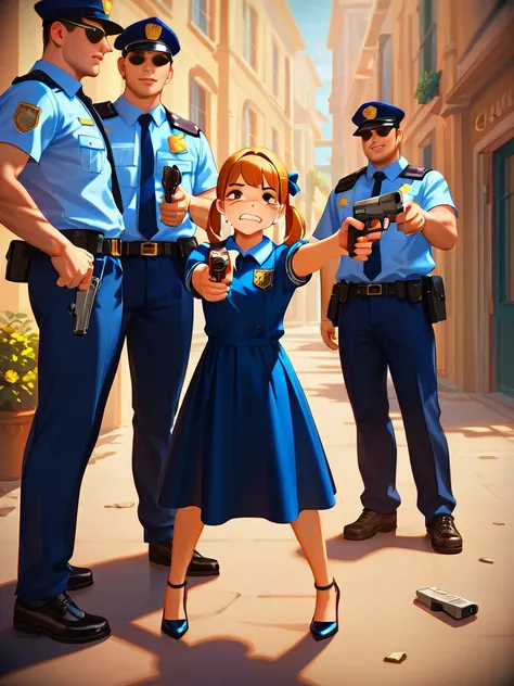 anatomically correct, top quality, masterpiece, 4K, 1girl, (3boys, full-body, crying), ((rightened face, pistol, men are aiming at girls face, crime, napping))