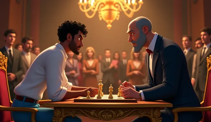 Adeel and the reigning champion, a stern-looking man in his 40s with a sharp suit, sit across a grand chessboard on an ornate table. Adeel leans forward slightly, his fingers on a chess piece, with a focused yet calm look. The champion, visibly tense, clen...