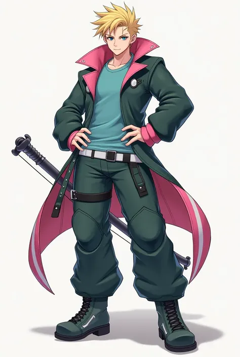 The character has spiky blonde hair and piercing blue eyes, exuding confidence and self-assurance with a confident smile. They are dressed in a dark green jacket with pink stripes on the sleeves, layered over a plain white t-shirt. Their pants match the ja...