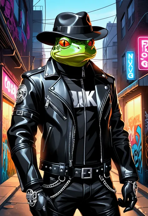 Manga-style illustration, an extremely badass anthropomorphic light blue and white bullfrog wearing an insanely cool black leather biker leather jacket open with zipper details, black fedora, black shirt, black leather biker gloves, black leather biker pan...