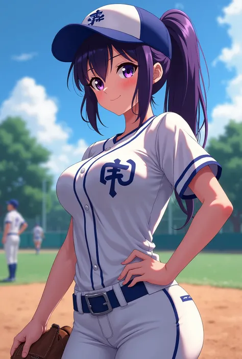 Japanese animation style、High school girl、Baseball uniform 、 Baseball Cap 、Practice Area、Dark Purple Long Hair、single ponytail、 purple pupils、 full breasts 、From Taiwan