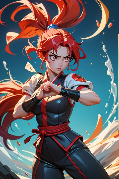 "Depict Ame-no-Uzume, the goddess of revelry and entertainment from Japanese mythology, as a fierce and agile martial artist. Her stance is one of readiness and confidence, poised in a dynamic fighting pose, exuding both grace and power. Her expression is ...