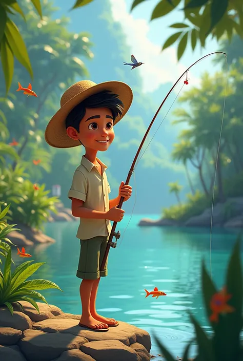 Disney Pixar poster of a 20 year old young man from Indonesia fishing holding a fishing rod