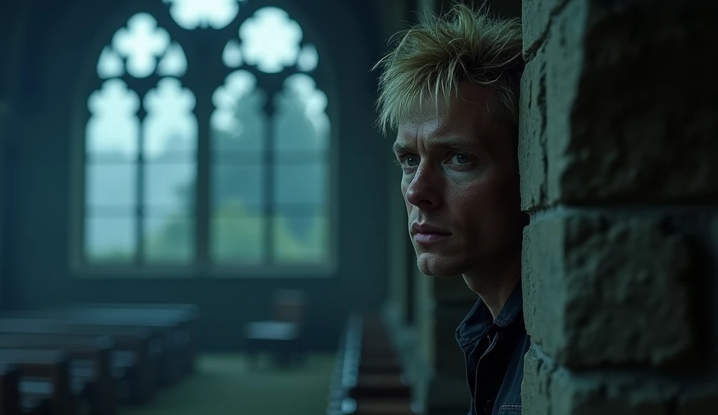 inside of gothic church,  a strong  blonde man like daryl dixon survivor face hiding looking out a corner  in the church, in his face you see he is nervous but ready for a fight,  spires cracked and partially collapsed.  a sinister glow emanates from withi...