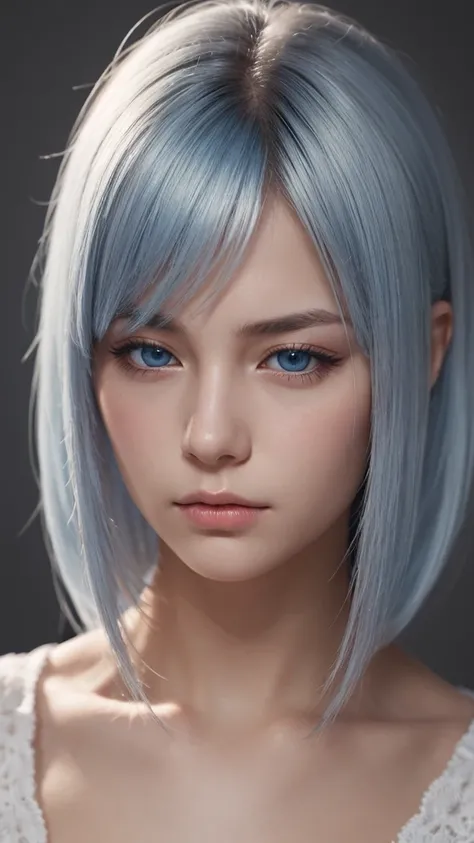 a european girl. extremely detailed face. half closed eyes. blue eyes. platinum hair. Sad, bored