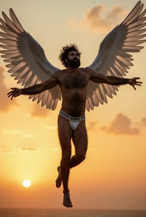 naked man, 32 years with an athletic body.  ((((((  Very hairy and hirsute chest with dense hair all over its torso   ))))))  with hairy arms and legs  .   has medium-sized wavy dark brown hair and a short dark brown beard.,tem ((((  Large long white wings...