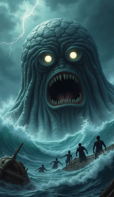 Ultra-realistic and highly detailed depiction of the massive yokai "Umi Bozu" emerging from the stormy sea. His large, round black head rises ominously above the waves, revealing his slimy grayish-brown skin covered in wrinkles, gleaming in the reflections...