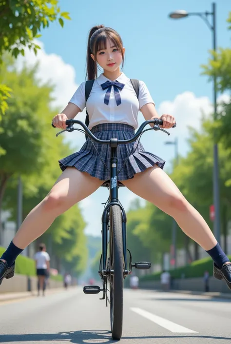 Masterpiece, 8k, Photorealistic, Wallpaper, top-quality, Beautiful Japanese High school girl, Photorealistic, (Plump breast:1.3), Dynamic angle, 
school uniform, Check pattern pleated skirt, Dark blue socks, Coin-Lofer, Straddling a bicycle, Open legs spre...