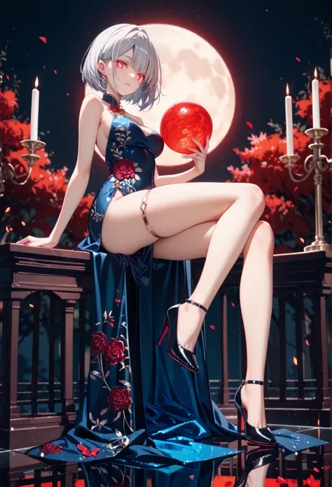 intricate details, delicate features,1girl, Alone,silver hair, red glowing eyes, bob cut sharp facial features, breasts,porcelain skin,1girl, solo,jacquard dress ,high heels,night view,moon