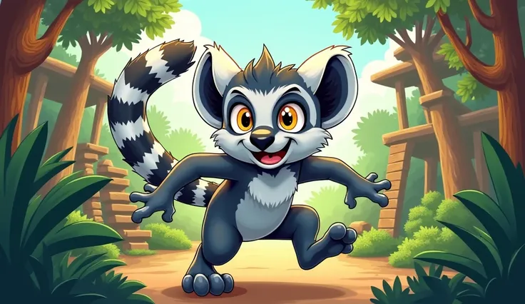 A cartoon Lemur(mischievous, playful, quick-witted)  inside a zoo