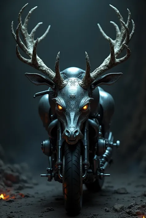 A realistic, terrifying hybrid entity merging the features of a motorcycle and a deer into a single monstrous form. The creature has the metallic body of a motorcycle seamlessly fused with organic, animalistic traits of a deer, including sharp antlers and ...