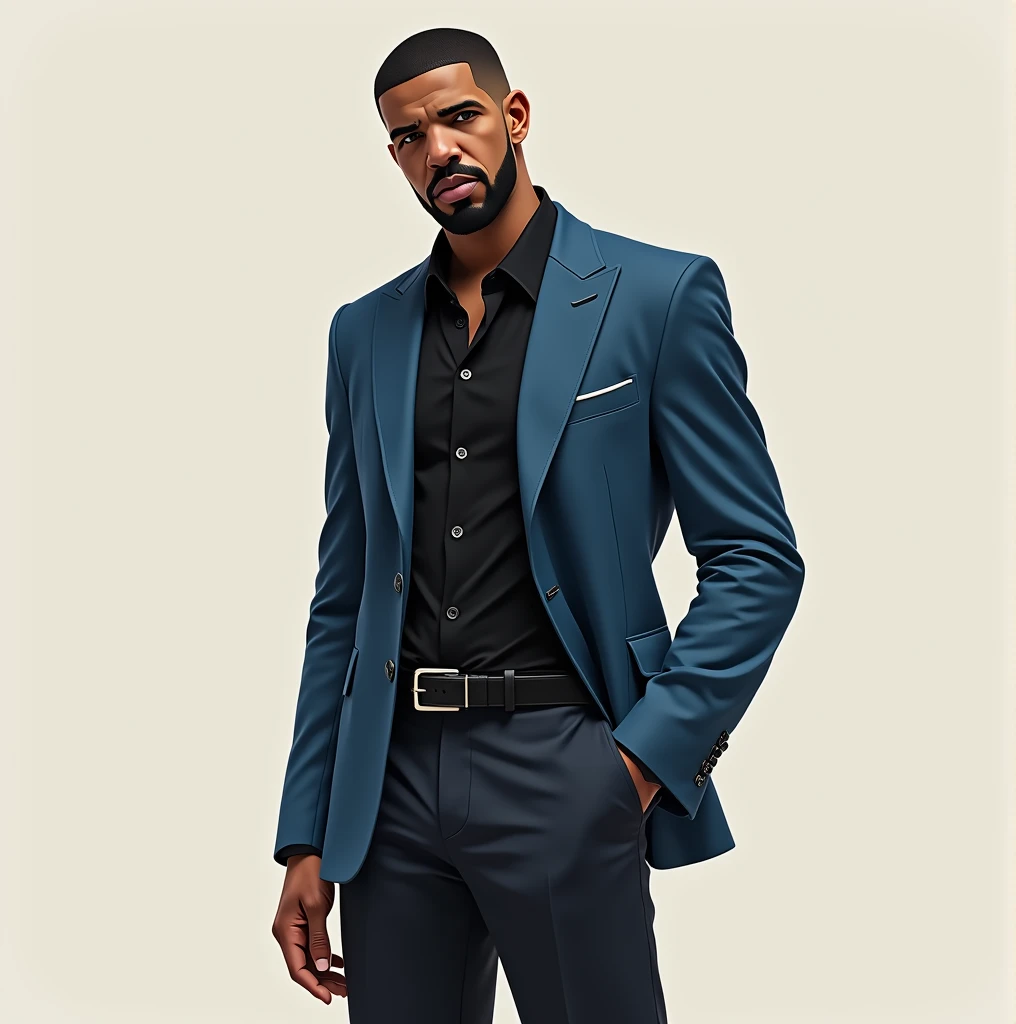  Create an image of Drake the rapper dressed in black pants, formal black shirt , black belt ,  blue blazer and blue formal shoes  