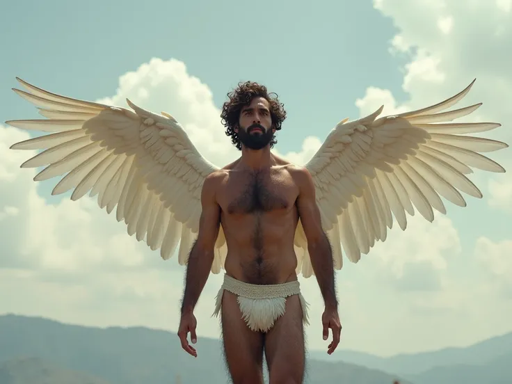 naked man, 32 years with an athletic body.  ((((((  Very hairy and hirsute chest with dense hair all over its torso   ))))))  with hairy arms and legs  .   has medium-sized wavy dark brown hair and a short dark brown beard.,tem ((((  Large long white wings...