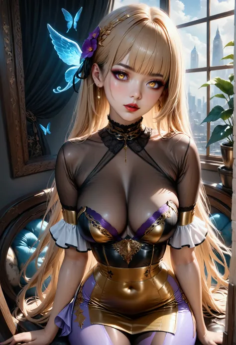 (masterpiece, aesthetic, detailed eyes, realistic), 1girl, mahiru shiina, angel next door spoils me rotten,golden eyes with violet shade,long smooth straight golden color hair, large bust, large hips, slim waist, sitting in see through stockings, super det...