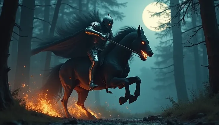 A highly realistic and ultra-detailed cinematic 8K image of a knight with a hundred heads, mounted on a black steed that is breathing fire from its nostrils. The knight is depicted in an intense, dynamic pose, clashing in a fierce battle against a terrifyi...