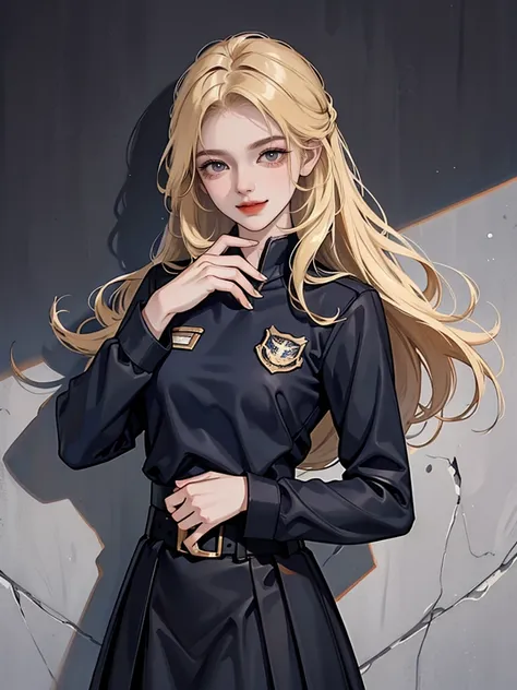 1 girl,black long blonde hair,smile, wear a blue shirt,navy jacket,long sleeve,belt, black skirt,((arrogant look)),standing in front of wall,(((Beautifull)))