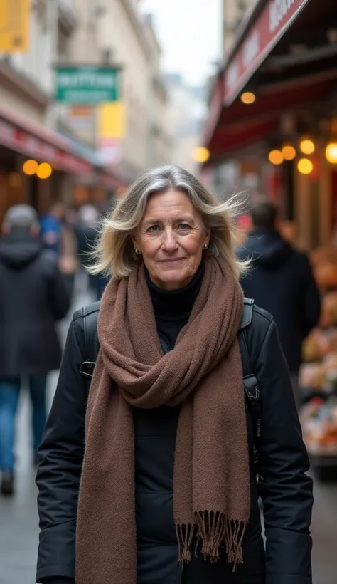 A 38-year-old woman walking through a bustling market, dressed in a turtleneck and scarf.